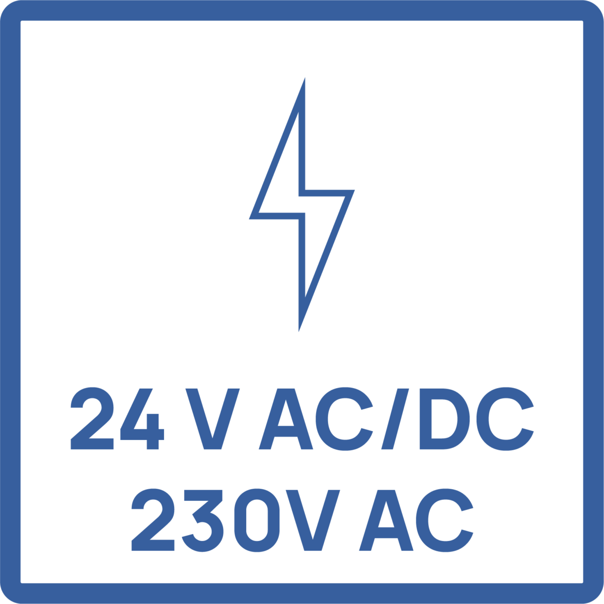 Pictogramme de tension du produit : 24V AC/DC ou 230V AC