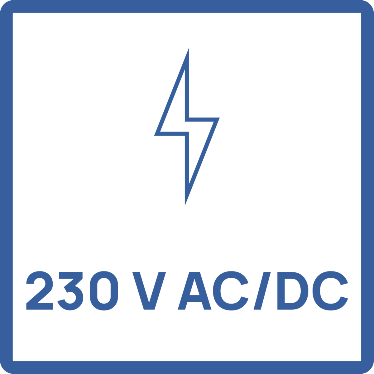 Pictogramme tension d'alimentation de l'appareil : 230V AC/DC